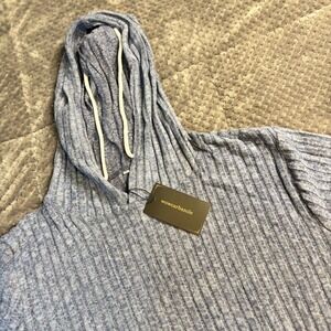 WOWCARBAZOLE Women's Light Blue Ribbed Knit Hooded XL Sweater